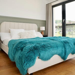 GIANT RUG Four SHEEPSKIN dark green Throw Genuine Leather Sheep Skin Decorative rug - White comfy, cozy, natural very thick!