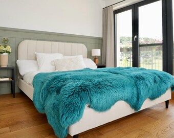 GIANT RUG Four SHEEPSKIN dark green Throw Genuine Leather wool carpet Decorative rug - White comfy, cozy, natural very thick!