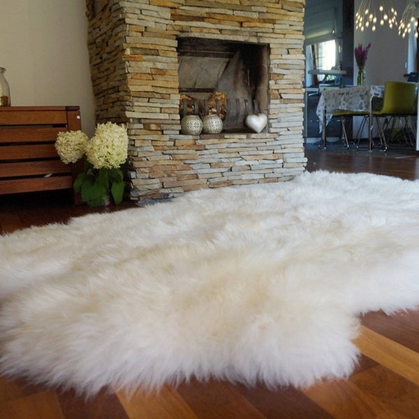 Tapis décoratif en peau de mouton en cuir véritable blanc, quatre jetés en peau de mouton - Blanc, classique très épais, confortable, douillet, naturel !