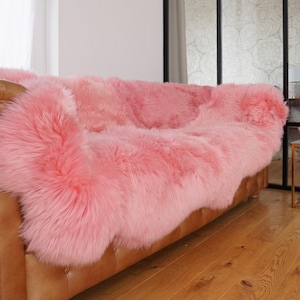 GIANT RUG Four SHEEPSKIN Pink Throw Genuine Leather Sheep Skin Decorative rug - White comfy, cozy, natural very thick!