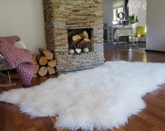 GIANT RUG Four SHEEPSKIN White Throw Genuine Leather wool carpet Decorative rug - White comfy, cozy, natural very thick long !