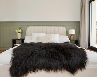 GIANT SHEEPSKIN Double  Black Throw Genuine leather wool carpet 46" x 46" Decorative rug Natural comfy, cozy, hair is very thick, shiny