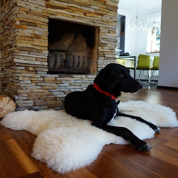 Grand tapis original blanc en peau de mouton naturelle véritable tapis exclusif, grand lit pour chien en peau de mouton, tapis de lit en laine pour chien, chien de compagnie