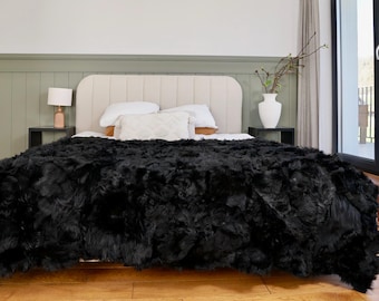 Genuine Toscana Lamb Sheepskin Throw Blanket Rug Black  Bed Spread Sofa Throw  Rug Black Rug Large Rug