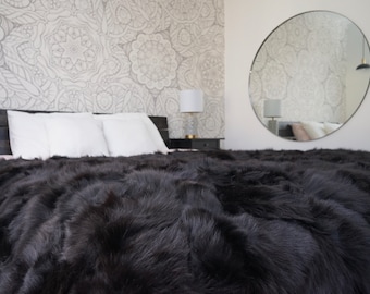 Genuine Toscana Lamb Sheepskin Throw Blanket Rug Black  Bed Spread Sofa Throw Rug Black Rug Large Rug