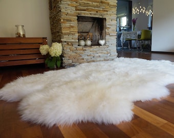 GIANT RUG Four SHEEPSKIN White Throw Genuine Leather Sheep Skin Decorative rug - White comfy, cozy, natural very thick classic !