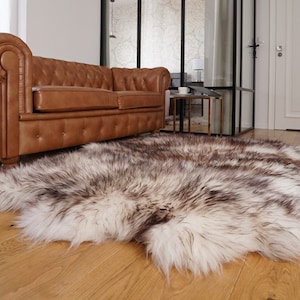 GIANT SHEEPSKIN Triple X  Mouflon White Brown Throw Genuine leather Sheep Skin 64&quot; x 46&quot; Decorative rug Natural very thick, shiny !