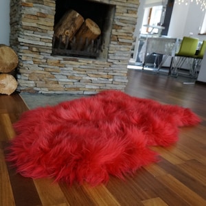 SHEEPSKIN RED   Throw Genuine leather Sheep Skin  Decorative rug green comfy, cozy, hair is very thick, shiny !