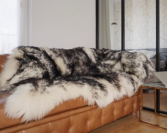 GIANT SHEEPSKIN Triple X  Mouflon White Black Throw Genuine leather wool carpet 64" x 46" Decorative rug Natural very thick, shiny !