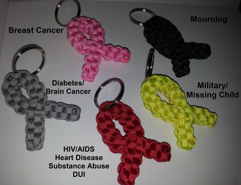 Survivor Cause Keychains, Paracord Cause Ribbon Keychains, Ribbon