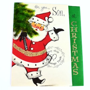 Vintage Forget Me Not Jolly Santa With Pine Tree Christmas Greeting Card