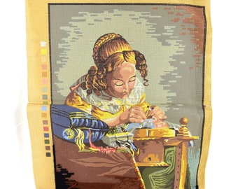 Vintage Pre-Worked Floral Needlepoint Design on Large Unfinished Canvas-17\u201d x 18\u201d-Mid Century 1960/'s Yarn Art-Nice Wooden Lap or Table Frame
