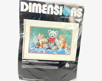 Dimensions Teddys New Friends Bear with Kitty Cats Needlepoint Pillow Kit 2365 Sealed