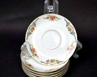 Set of 6 Mikado Dresden Floral with Gold 5-1/2" Saucer Plates Occupied Japan