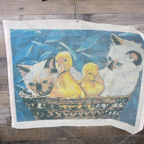 Vintage Unbranded Siamese Kitten & Ducklings in Basket Needlepoint Canvas Only (c6)