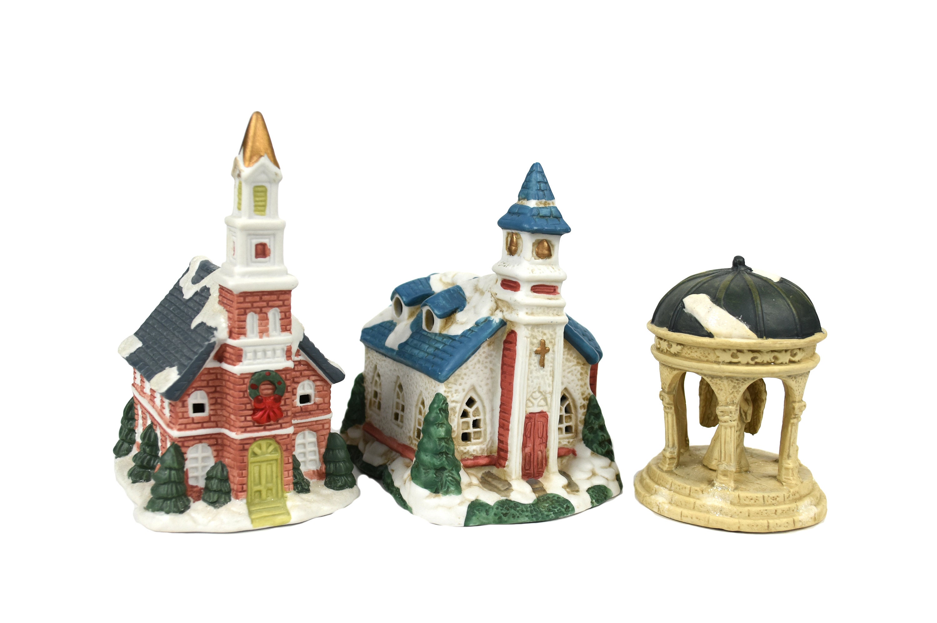 Set of 3 Small Ceramic Christmas Village Houses Cobblestone Corners & One  Unbranded 