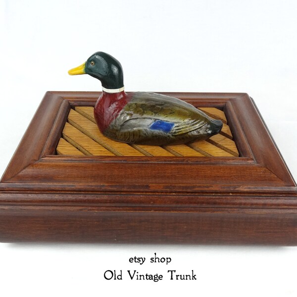 Vintage Wood Trinket Storage Box With Ceramic Mallard Duck Price Products Rustic Lodge, Cabin or Lake Decor