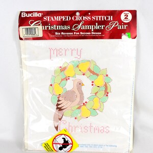 Bucilla Christmas Sampler Pair Stamped Cross Stitch Fabric Christmas Wreaths