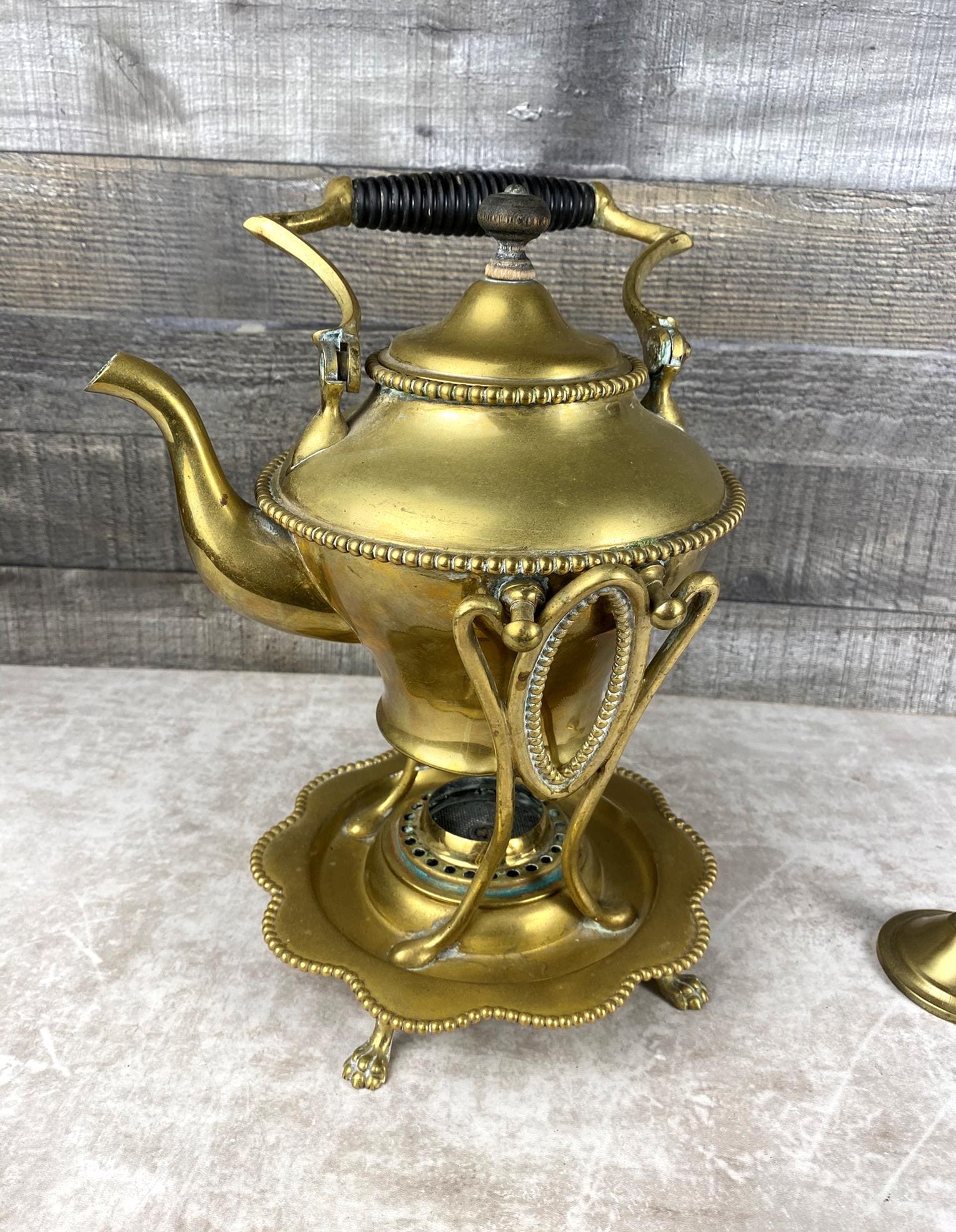 Bouilloire Ancienne En Laiton – Support Et Brûleur – Portugal – Déco Vintage