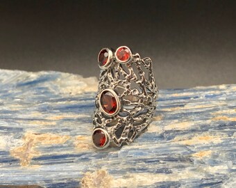 Multi-Stone Garnet Ring 925 Sterling Silver Oxidized Beaded Silver Garnet Ring