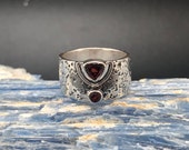 Textured Garnet Band Ring 925 Sterling Silver Oxidized Textured Garnet Ring Wide Band Amethyst Ring