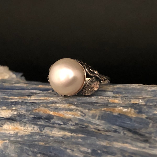 Bali Pearl Ring // Oxidized Floral Setting // 925 Sterling Silver