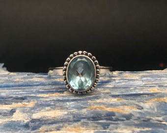Blue Topaz Silver Ring // 925 Sterling Silver // Beaded Oval Design // Blue Topaz Ring // Topaz Ring // Ethnic Style Topaz Ring