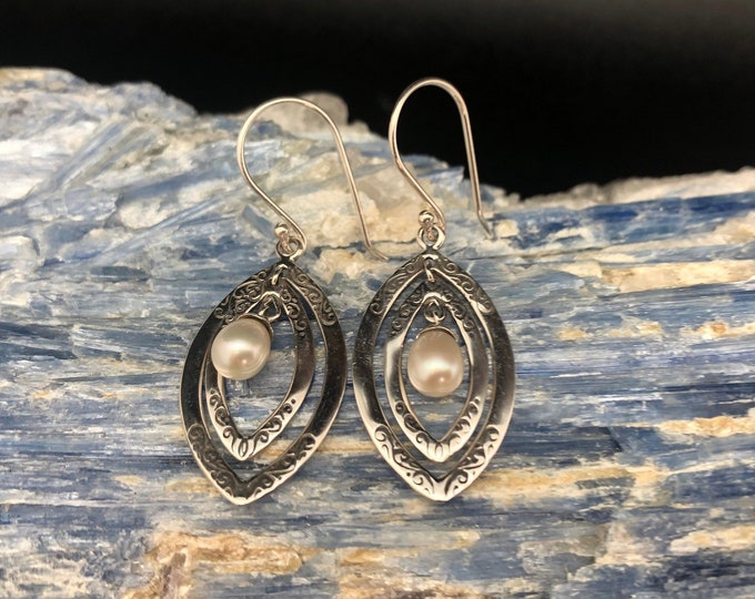 Bali Pearl Earrings // Etched Swirl Setting // Floating Pearl Etsy