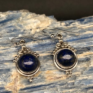 Silver Lapis Lazuli Earrings // 925 Sterling Silver // Beaded Round Setting // Oxidized