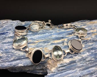 Green Amethyst and Black Obsidian Stone Bracelet // 925 Sterling Silver // 7-8 Inches // Toggle Clasp