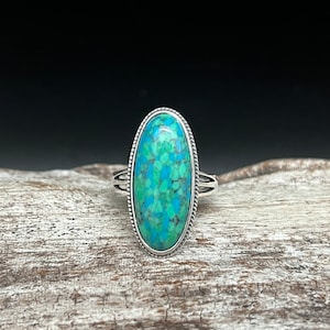 Long Oval Turquoise Ring // 925 Sterling Silver // Blue Green Turquoise Statement Ring // Sizes 6 to 12
