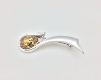 Sterling Silver Baltic Amber Brooch: Green Amber Pin
