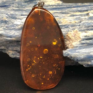 Large Amber Pendant // 925 Sterling Silver // Rough Amber Pendant // Cognac Color