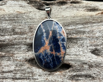 Orange Sodalite Stone Pendant Necklace // 925 Sterling Silver // Oval Setting