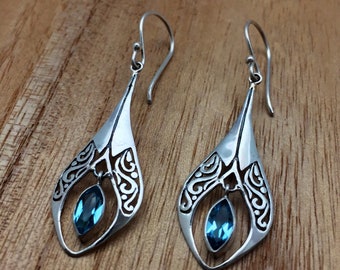 Dangly Blue Topaz Earrings // 925 Sterling Silver // Hypoallergenic // Bali Setting