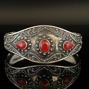 Bali Style Red Coral Cuff Bracelet // 925  Sterling Silver // 6 Inches // Red Coral Cuff Bracelet