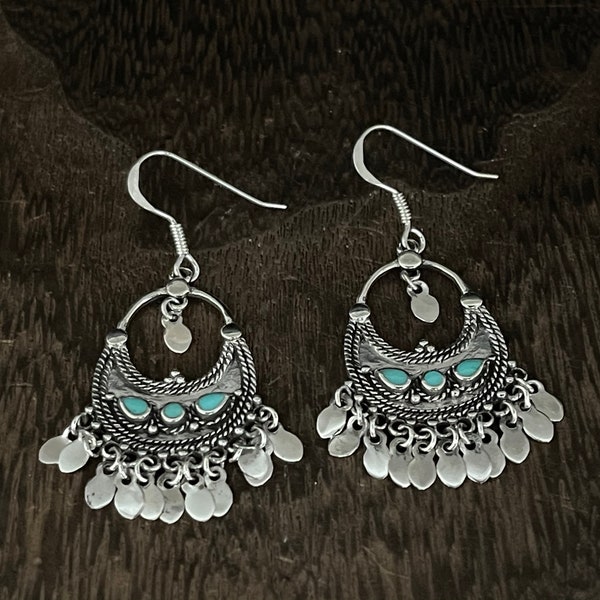 Bali Style Chandelier Earrings with Turquoise // 925 Sterling Silver