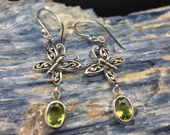 Dangly Butterfly Peridot Earrings // 925 Sterling Silver // Hypoallergenic // Hook Backing