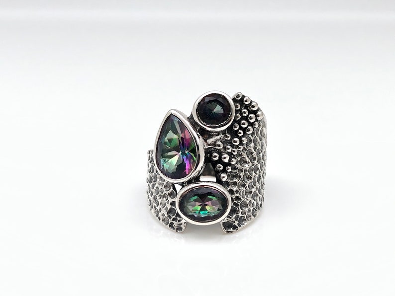 Multi-Stone Mystic Topaz Ring Size 7 925 Sterling Silver Oxidized Beaded Mystic Topaz Ring