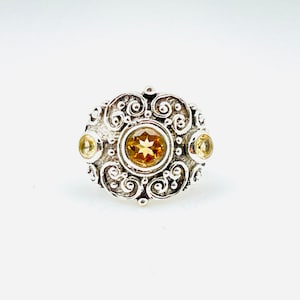 Citrine Ring Size 6.5 // 925 Sterling Silver // Oxidized Citrine Scroll Ring