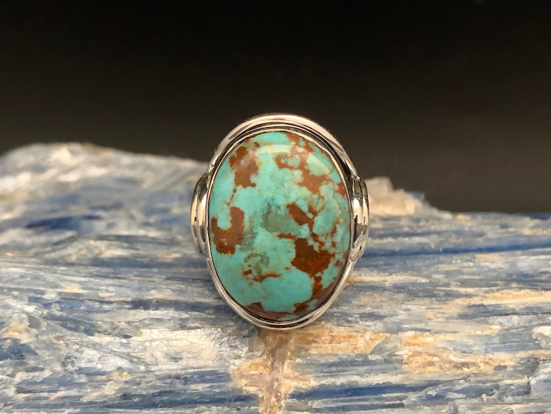 Sonoran shops Turquoise Ring Size 8 // 925 Sterling Silver // Natural Turquoise Ring // Oxidized Double Band Setting // Genuine Turquoise