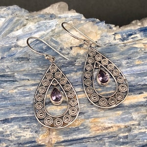 Amethyst Sterling Silver Earrings: Ethnic Teardrop Bali Design