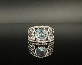 Vintage Design Schweizer Blautopas Silber Ring Size 8 // 925 Sterling Silber // Oxidierte Fassung