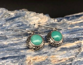 Turquoise Earrings // Sterling Silver // Ornate Bali Setting // Turquoise Jewelry