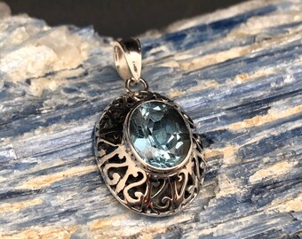 Blue Topaz Pendant // 925 Sterling Silver // Bali Setting // December Birthstone
