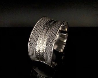 Silver Weave Pattern Cuff Bracelet // Ethnic Hill Tribe Cuff Bracelet // 925 Sterling Silver
