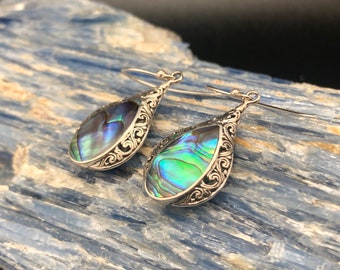 Abalone Earrings // 925 Sterling Silver // Hypoallergenic // Teardrop Bali Swirl Design // Abalone Shell Earrings