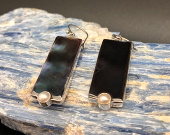 Abalone Shell with Pearl Earrings // Pearl Abalone Shell Earrings // Rectangular 925 Sterling Silver Setting