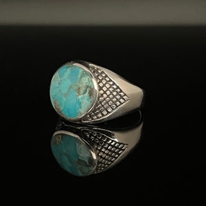 Etched Scale Pattern Turquoise Ring // 925 Sterling Silver // Bali Turquoise Signet Ring // Handmade