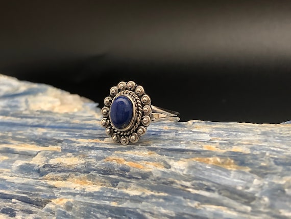 Oxidized Sterling Silver Lapis Ring - Beaded Bali Style, Size 6